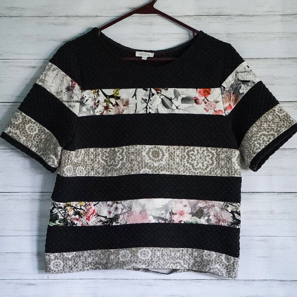 Floral, Gold, and Black Striped Boxy Top